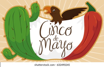 Cartoon banner with traditional and festive elements forming Mexican flag, to celebrate Cinco de Mayo (written in Spanish): cactus, chili pepper, fabric and eagle.
