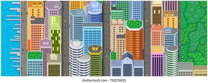 Cartoon banner web site with the panorama of Manhattan in new York. A color print. Top view, isometric. Vector graphics. Central Park