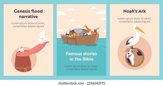Cartoon Banners with Biblical Story about Noah Character Salivating on Ark. Saving Life on Earth, God Saves Man and Animals from Water. Genesis Flood Religious Concept. Vector Illustration, Poster