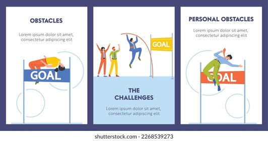 Cartoon Banners with Business Characters Jumping over the Hurdle. Business Man or Woman Fight for Leadership, People Boost Career, Idea Startup Project, Successful Leader. Vector Illustration, Posters