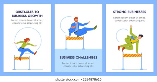 Cartoon Banners with Business People Competing In Race With Obstacles, Overcome Challenges. Leadership