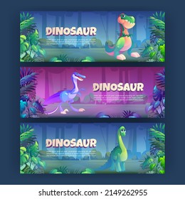 Cartoon banners with dinosaurs brontosaurus, tyrannosaurus rex and triceratops prehistoric animals in jungle rainforest. Invitation flyers to Jurassic era park with ancient dino, Vector illustration