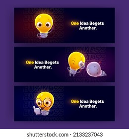 Cartoon banners with funny light bulbs characters glowing, smiling, sleeping and searching solution with magnifying glass. Cute lamps express emotions creative invitation flyers, Vector illustration