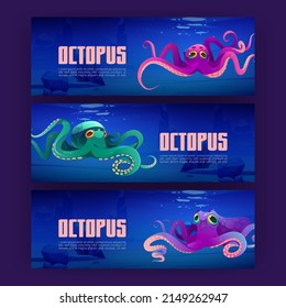 Cartoon banners with giant ocean octopuses. Invitation flyers to diving club or oceanarium. Underwater wildlife creature with colorful skin, creepy monster character with tentacles Vector illustration