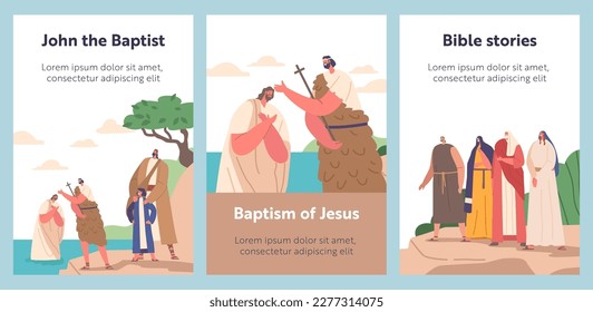 Cartoon Banners with John The Baptist Baptizing Jesus Christ In Jordan River. Scene or Story Represent Christian Act