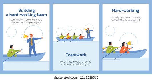 Cartoon Banners Related to Teamwork and Unity. People In Boat Rowing In Unison With Coordinated Efforts Towards A Goal. Business Characters Working Together To Achieve Success. Vector Posters