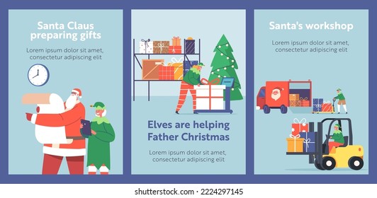 Cartoon Banners with Santa Claus and Elves Helpers Loading Gifts in Truck for Delivery to Children, Christmas Characters Reading List and Load Present Boxes by Forklift in Warehouse. Vector Posters