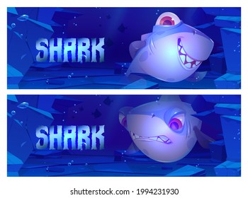 Cartoon banners with shark on sea or ocean bottom with rocks around. Underwater creature with smiling and angry face and red eyes, game character, marine predator toothy animal, vector illustration