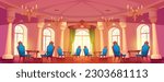 Cartoon banquet hall interior design. Vector illustration of large dining room in royal palace with vintage wooden tables and chairs, chandeliers with candles, retro windows. Sophisticated restaurant