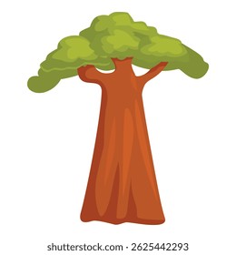 Cartoon baobab tree with green foliage growing in the wild nature of africa