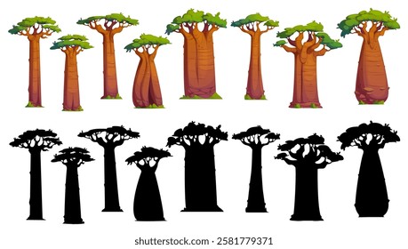 Cartoon baobab trees and silhouettes of Madagascar forest, Africa savanna and Australia desert plants. Vector giant baobabs and adansonias, isolated black silhouettes of bottle trunk trees