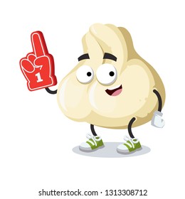 cartoon baozi dumplings with meat character mascot with the number 1 one sports fan hand glove on a white background