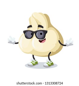 cartoon baozi dumplings with meat character mascot in black sunglasses on a white background
