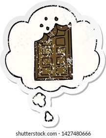 cartoon bar of chocolate with thought bubble as a distressed worn sticker