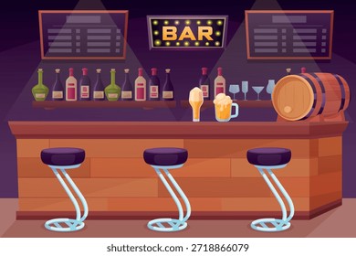 Contador de la barra de la historieta. Pub de bebidas, copas de vino de cerveza y botellas, barril de madera con bebida y taburetes altos. Interior del lugar de la bebida, escena del Vector de hoy en día