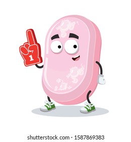 cartoon bar of pink soap character mascot with the number 1 one sports fan hand glove on a white background