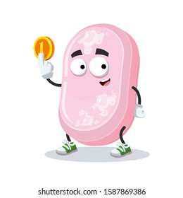 cartoon bar of pink soap mascot keeps the coin on white background