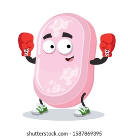 cartoon bar of pink soap mascot in red boxing gloves on white background