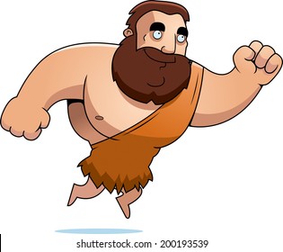 A cartoon barbarian man jumping and smiling.