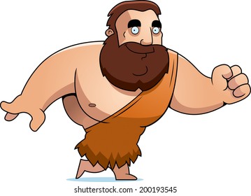 A cartoon barbarian man walking and smiling.