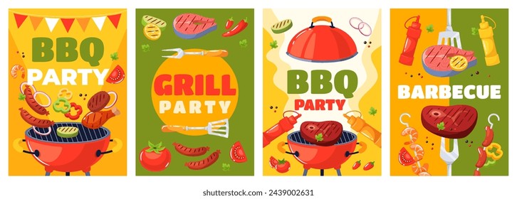 Cartoon barbecue elements posters. BBQ weekend cards, family summer picnic, outdoor cookout event, grilled meat and vegetables, grill party invitations, cooking outdoor event flyer. Vector set