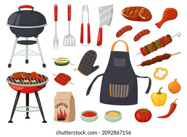 Cartoon barbecue equipment, outdoor bbq picnic elements. Grilled steak and vegetables, barbecued food for summer grill party vector set. Cooking tools and appliances, charcoal and meat