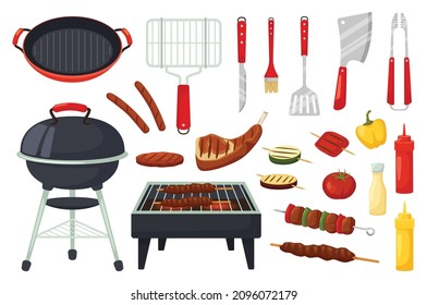 Caricatura de comida a la parrilla y utensilios, elementos de la fiesta bbq. Parrilladas al aire libre, carne y verduras a la parrilla, equipo vectorial de picnic para parrilladas. Carne sabrosa de cocina, tomates y pimienta al aire libre