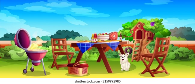 Cartoon Barbecue Outdoor Grill Party In Backyard. Summer Picnic With Cooking Bbq Hot Meat, Fun Dog And Children Playground With Green Tree House. Outside Dinner With Cooked Food On Served Table.