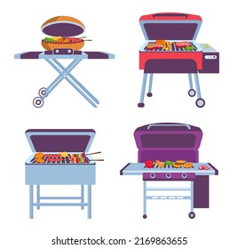 Cartoon barbeque grills collection to cook meat. Vector bbq grill, barbecue for picnic, food meat cooking illustration, party summer