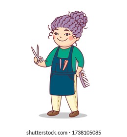 caricatura de Barber en un delantal con tijeras en las manos. Peluquería linda ilustración vectorial aislada en fondo blanco