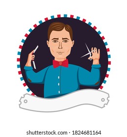 Cartoon barber witch scissors and razor emblem