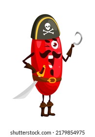 Caricatura de capitán pirata de barbero con gancho. Feliz berry corsair con disfraces de carnaval. Personaje vectorial buccaneer en sombrero con jolly roger y sable en correa, auto libre aislado o picarón