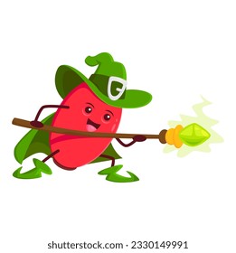 Cartoon barberry wizard character, vector funny berry magician. Halloween necromancer with magic staff cast spell. Berberis wiz conjurer, sorcerer, healthy fascinator personage in witch cape and hat