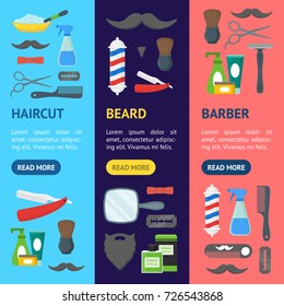 Cartoon Barbershop Shop Banner Vecrtical Set Flat Style Design Elements Accessory for Web. Vector illustration