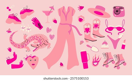 Cartoon barbiecore collection. Pink trendy set with cowboy boots, hat, romper suit and other elements. Vector design for sticker, poster, scrapbooking. 