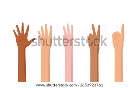 Cartoon bare hand count gesture count set in flat style. Includes various finger and palm poses with numbers. Ideal for education, display, or illustrative purposes in graphic or educational contexts.