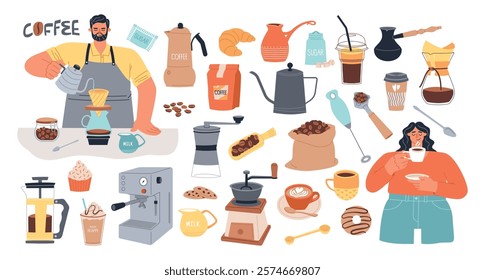 Cartoon barista characters. Coffee house elements, brewing tools, accessories, hot strong drink, cappuccino americano espresso, vector set