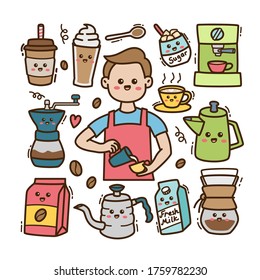Cartoon barista and coffee elements in kawaii doodle illustration