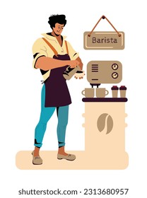 Cartoon barista guy pours coffee into cup for customers at work. Professional coffee shop worker. Process of making coffee at cafe. Small business owner. Vector flat style illustration