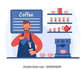 Cartoon barista making high quality espresso at coffee station. Male character with small business flat vector illustration. Coffee shop concept for banner, website design or landing web page