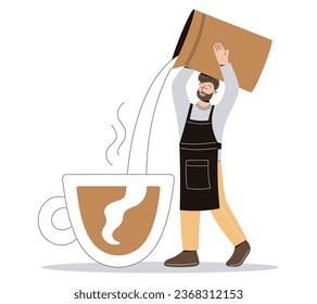 Cartoon Barista pouring milk or cream into a huge cup of coffee. Man making cappuccino or latte. Vector isolated flat illustration.