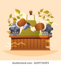 cartoon barista preparing coffee drink in coffee shop, vector illustration