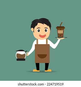 Cartoon barista presents coffee in his shop, vector illustration.