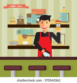 Cartoon barista presents coffee in his shop, vector illustration.