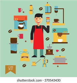 Cartoon barista presents coffee in his shop, vector illustration.