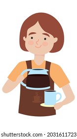 cartoon barista woman with coffee jug and cup