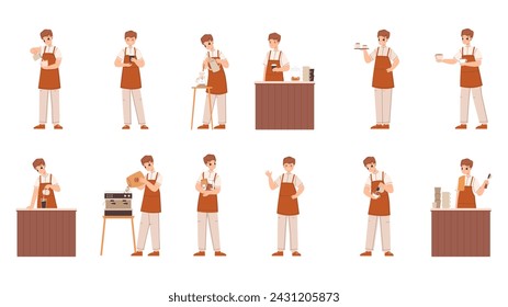 Barista de dibujos animados trabajando. Joven personaje masculino haciendo café, vierte granos en la cafetera. Barmen plano, trabajador del café en diferentes poses de persona cómoda del vector