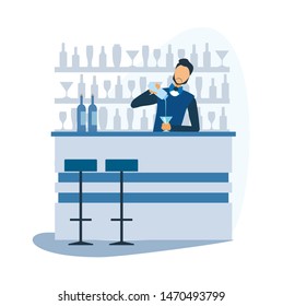 Cartoon Barman Prepare Alcoholic Cocktail at Bar. Bartender Standing at Counter, Mixing Ingredient and Pouring Ready Drink in Glass. Night Club, Restaurant Staff at Work. Vector Flat Illustration