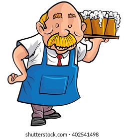 Cartoon barman serving beer. Isolated on white
