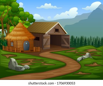 Cartoon barn house with a cabin in the farmland